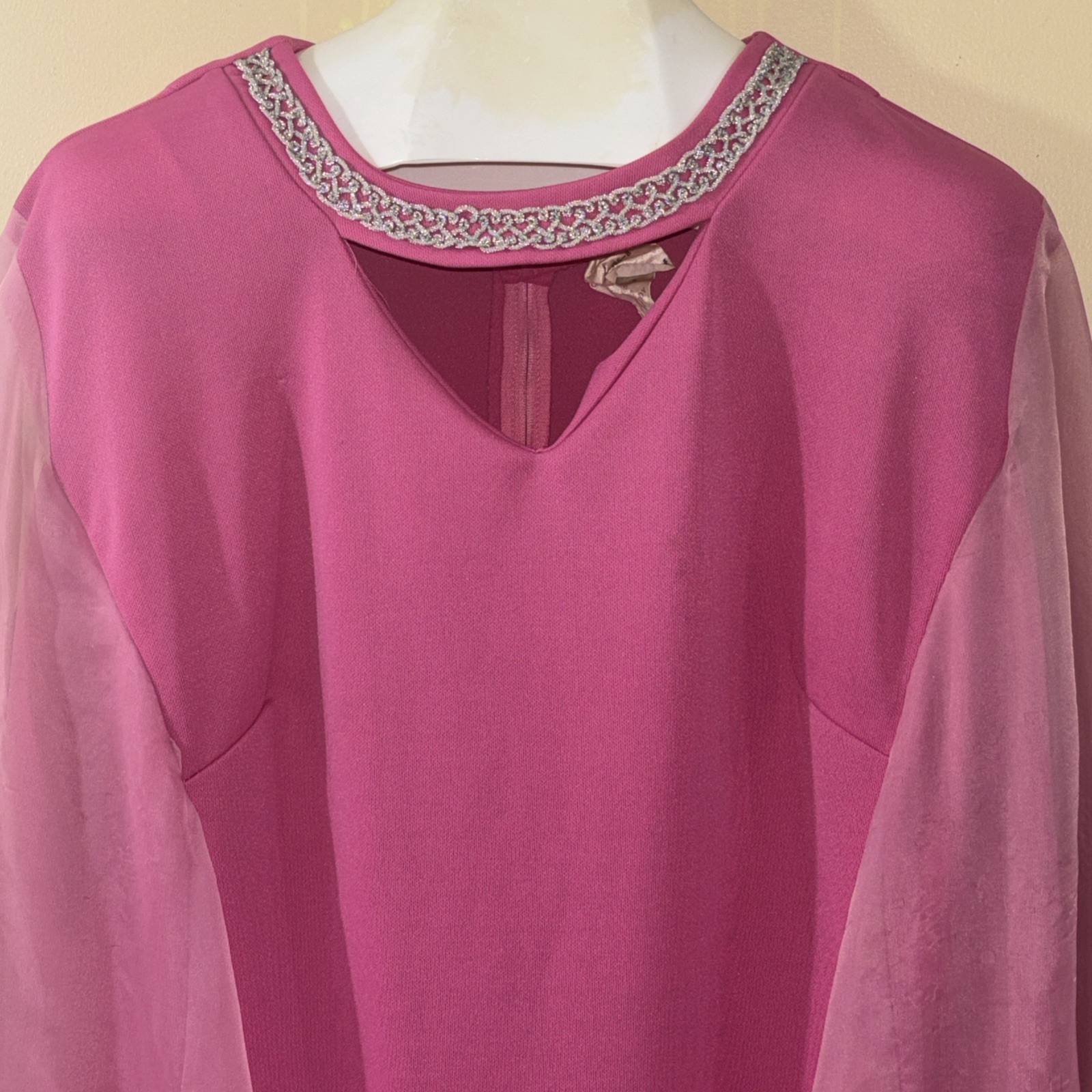 Vintage 70S Lane Bryant Gown Polyester Embellished Collar Flutter Sleeve Pink D