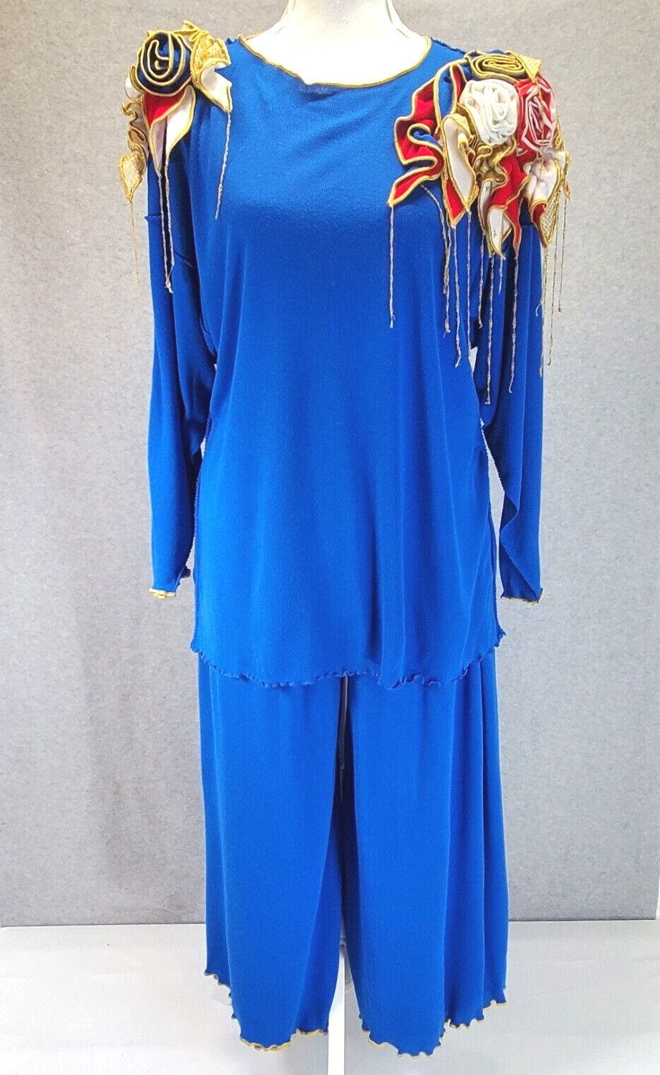 Vintage Alterknits Pant Suit Set Culottes Womens Sz XL Blue Red Gold Art Deco