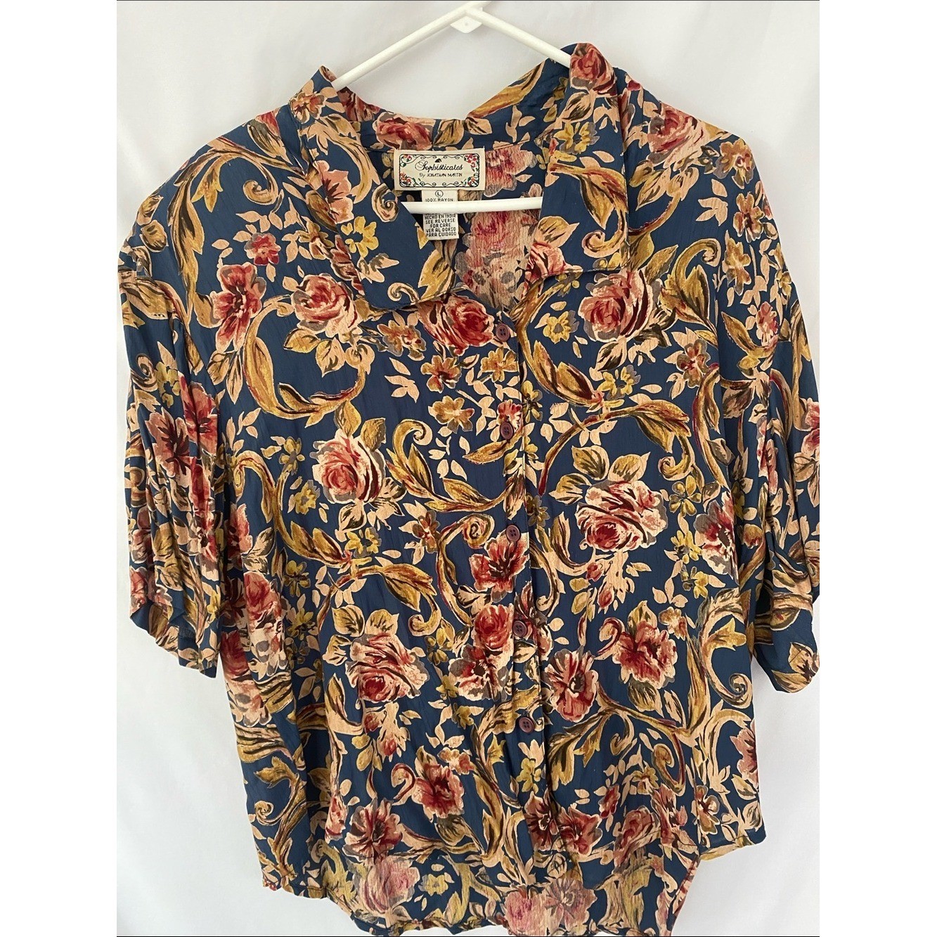 jonathan martin Sophisticates Navy Floral Button-Down Short Sleeve Blouse Vtg