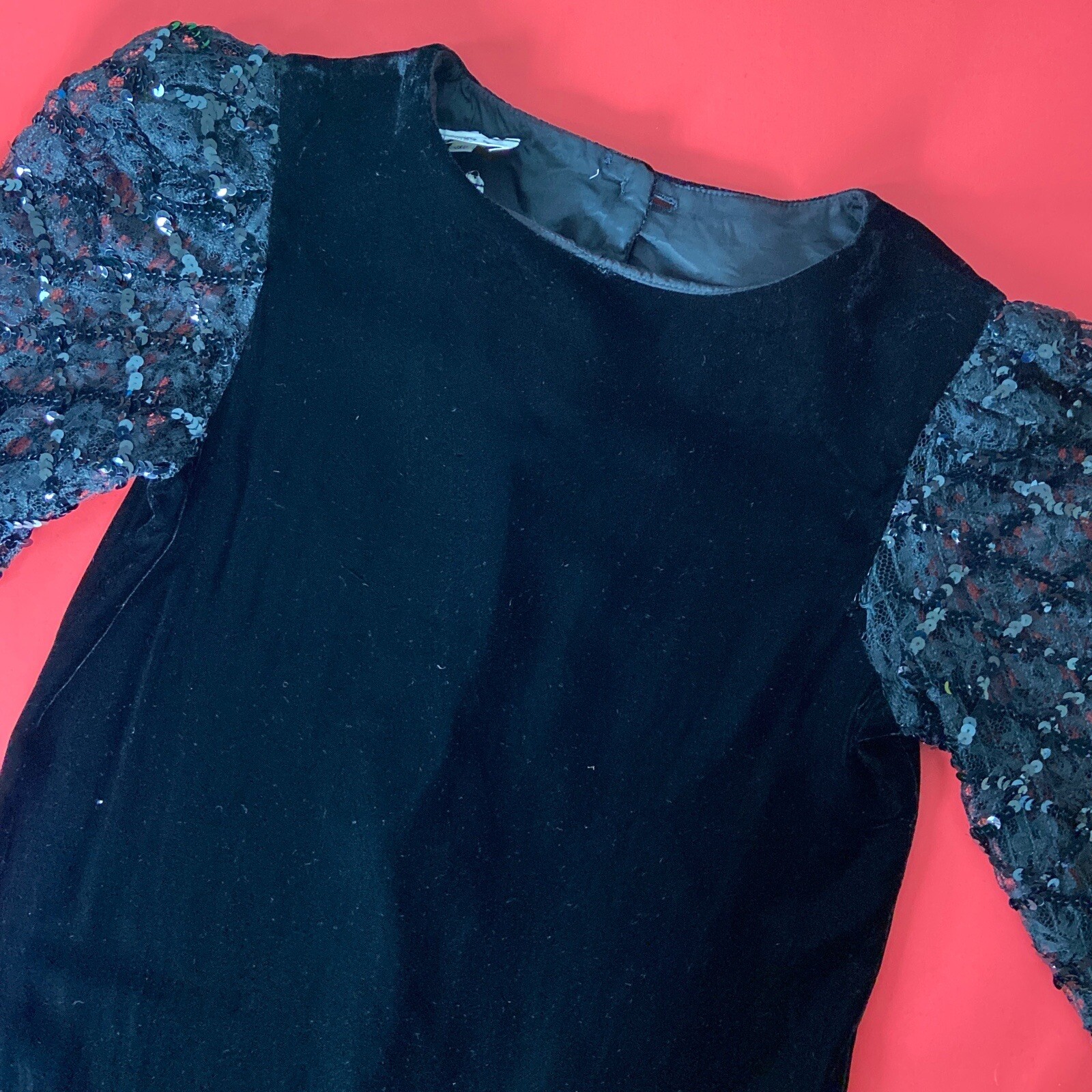 Vintage 70’s ACT I Black Long Sleeve Lace Velvet Sequin Cocktail Midi Dress