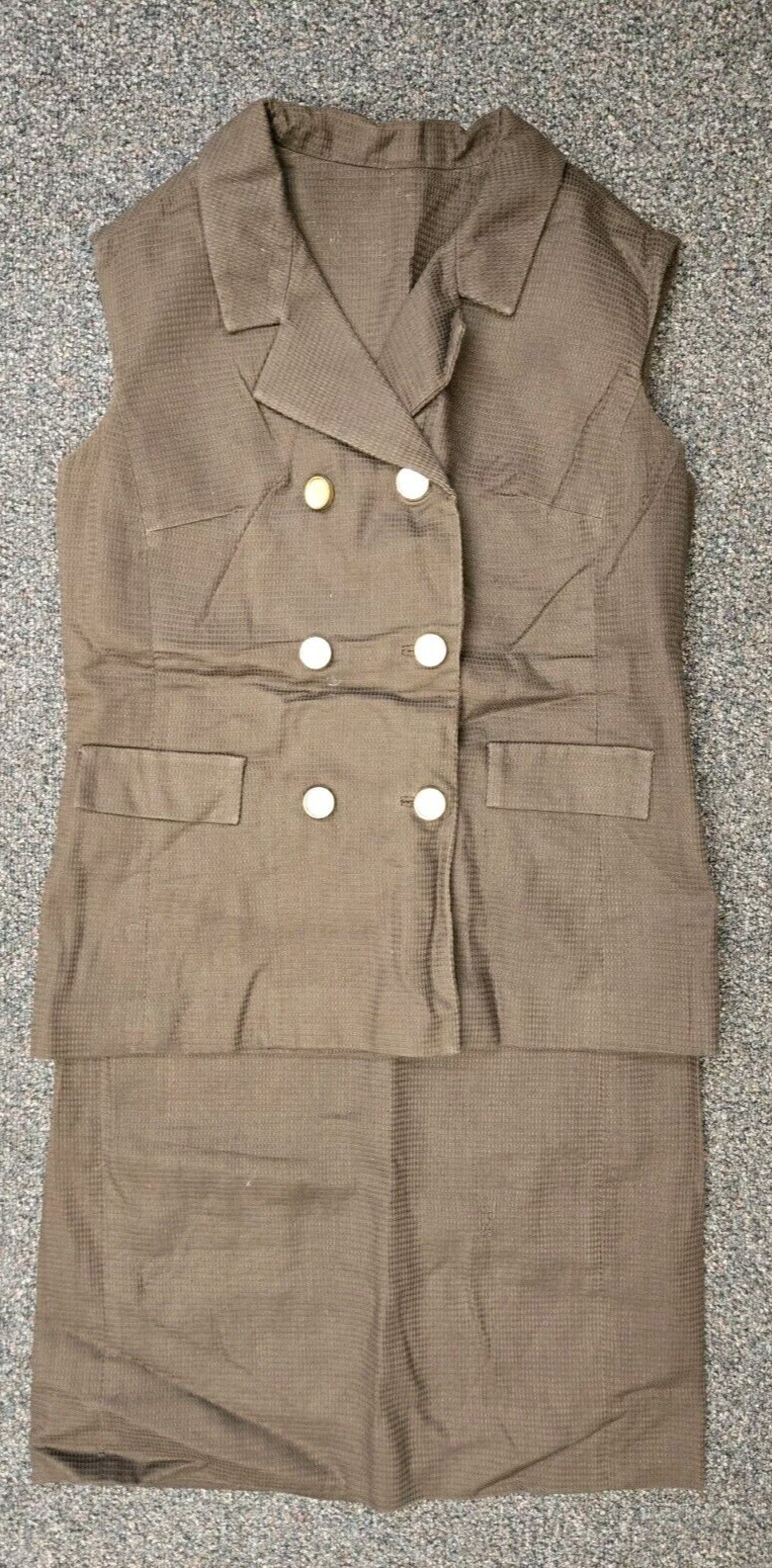 Vintage 60s Rona Dress and Faux Double-Breasted Belted Vest Set Brown 33&Prime; Waist