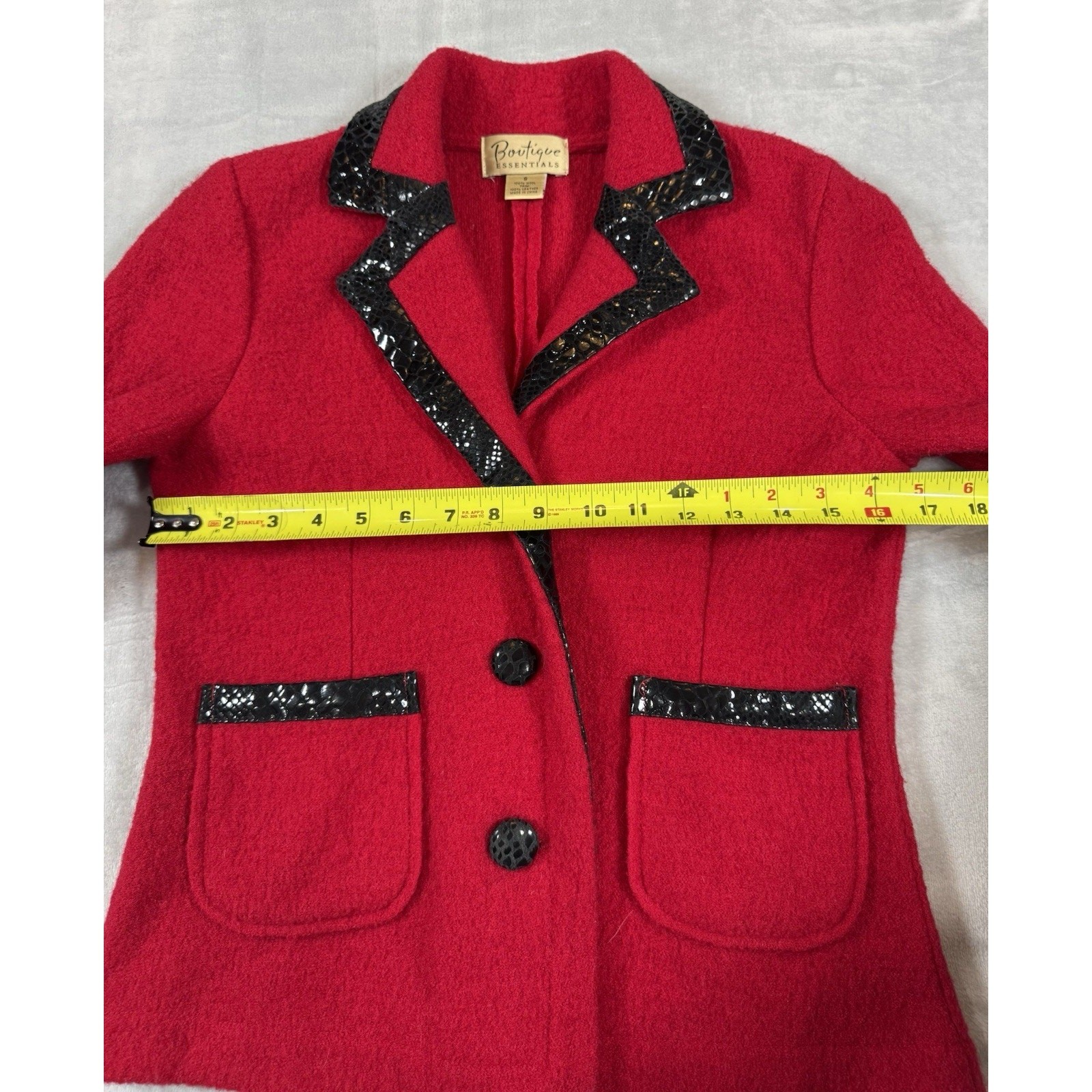 Vintage 1980s Red Wool Jacket Black Leather Trim Boutique Essentials Small