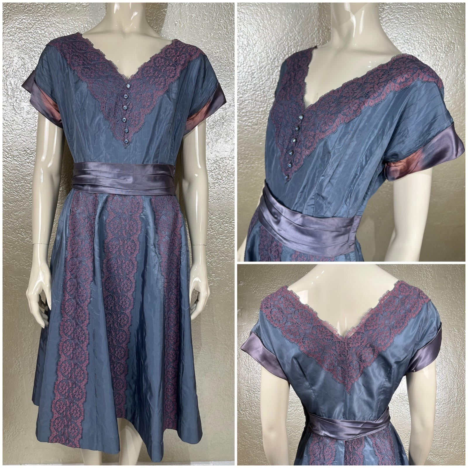Vintage 1940&rsquo;s Ladies Handmade Iridescent Purple Taffeta & Silk Dress Lace S