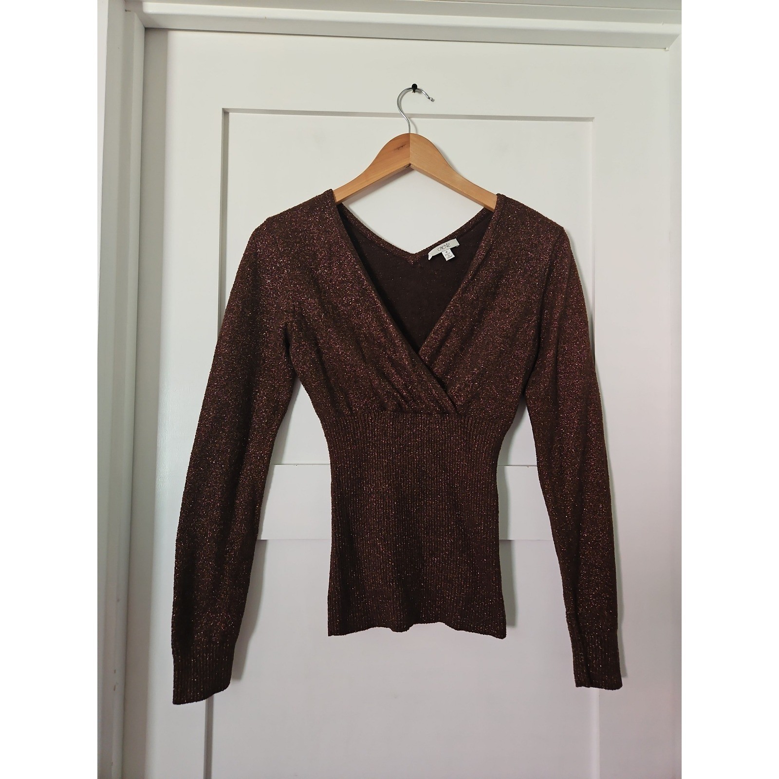 Caché Metallic Knit Top M Medium Bronze Brown Glitter Shimmer Wrap Sweater VTG