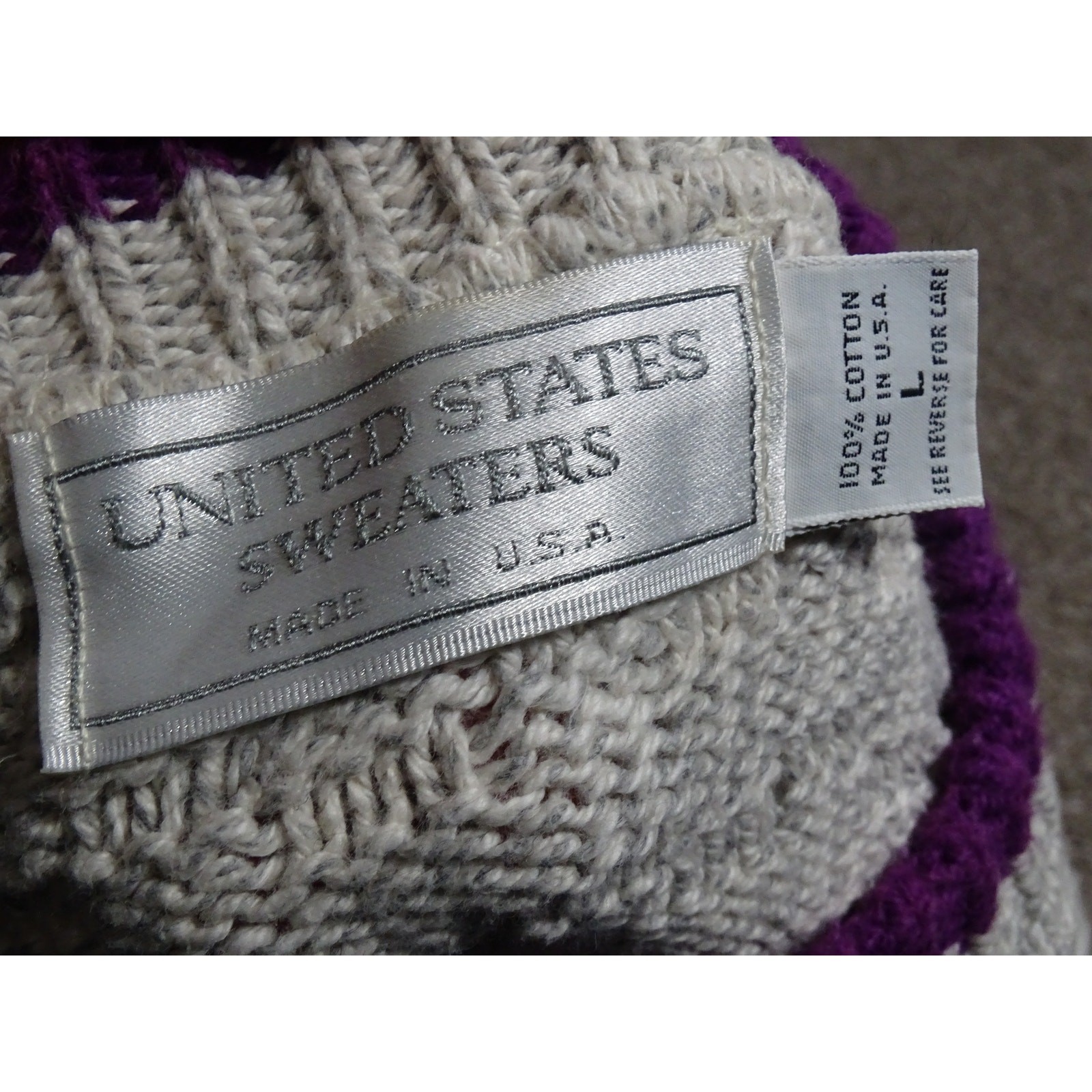 Vtg United States Sweaters 100% Cotton Knit Pullover Size Large Purple Ringer