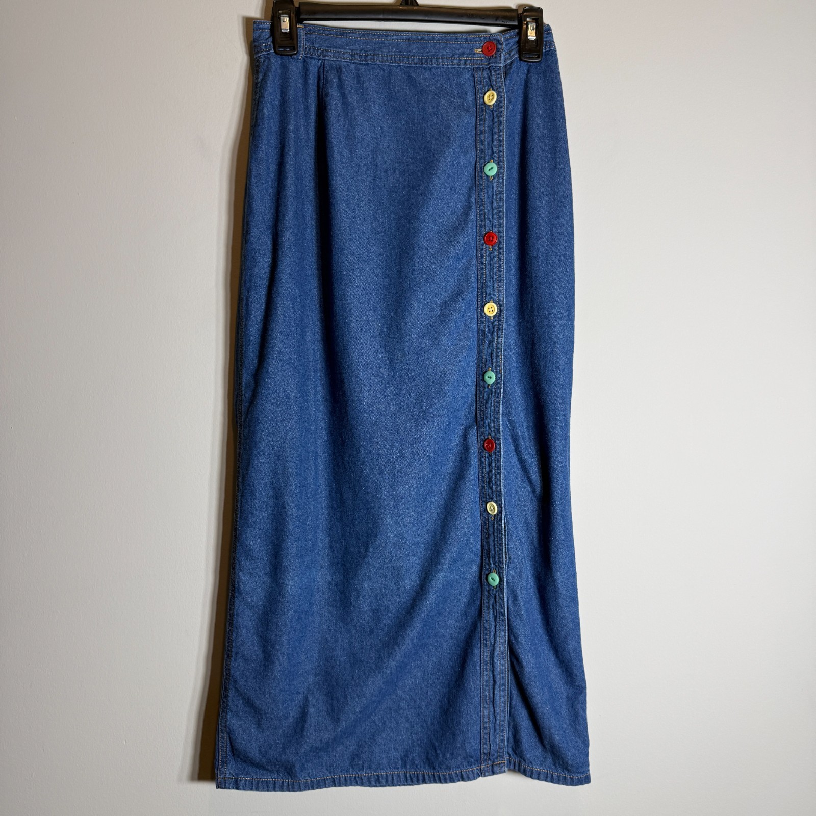 Vintage 100% Cotton Denim Button Up Maxi Skirt Women&rsquo;s 8 Colorful Twee Artsy 90s