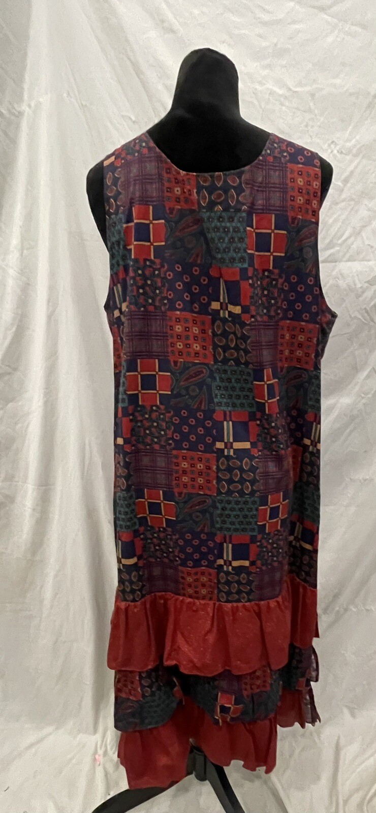 Vintage Womans Dress Patchwork Print Drop Waist tiered skirt art to wear cottage