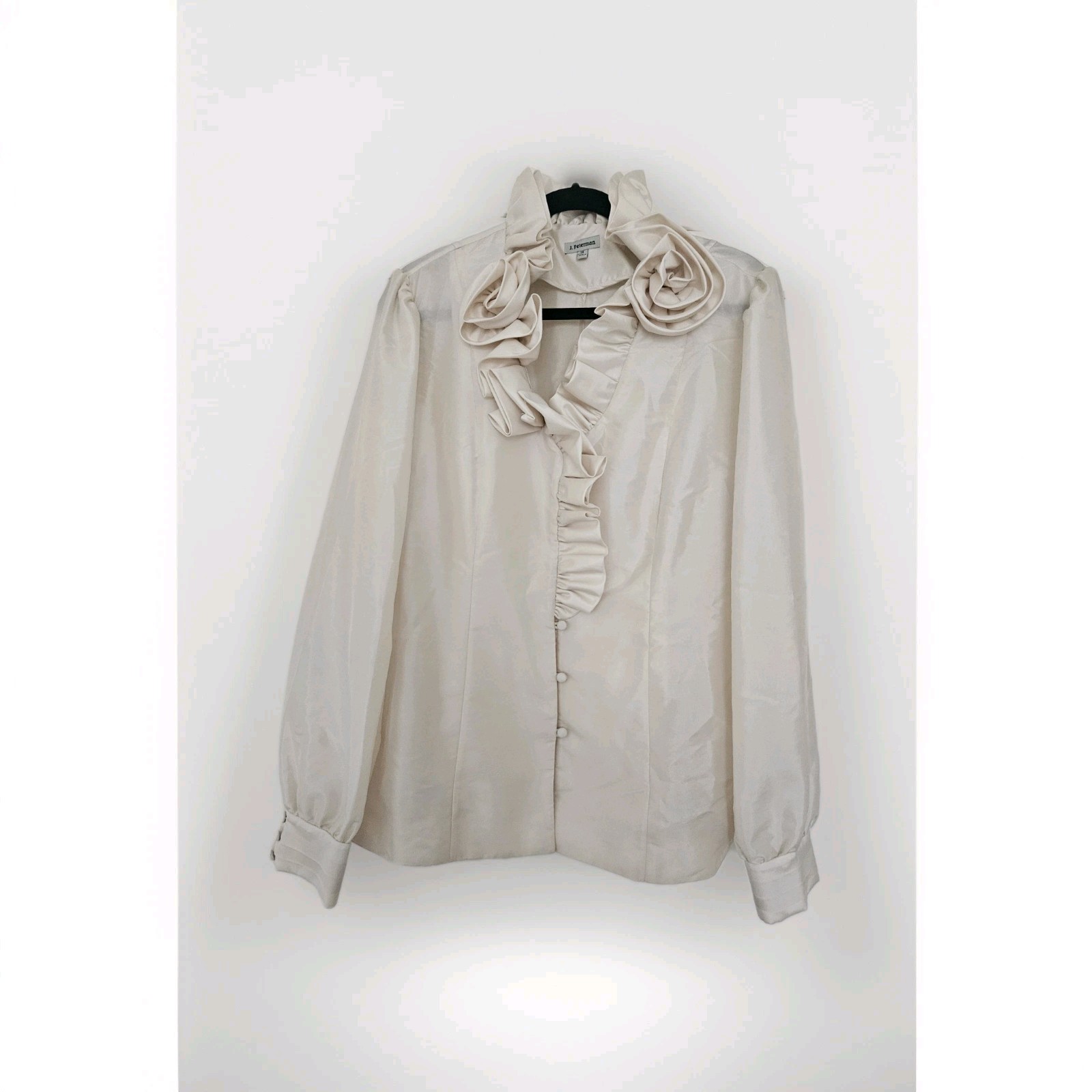 VTG J Peterman Rosette Ruffle Blouse Cream Taffeta High Neck Edwardian Size 14