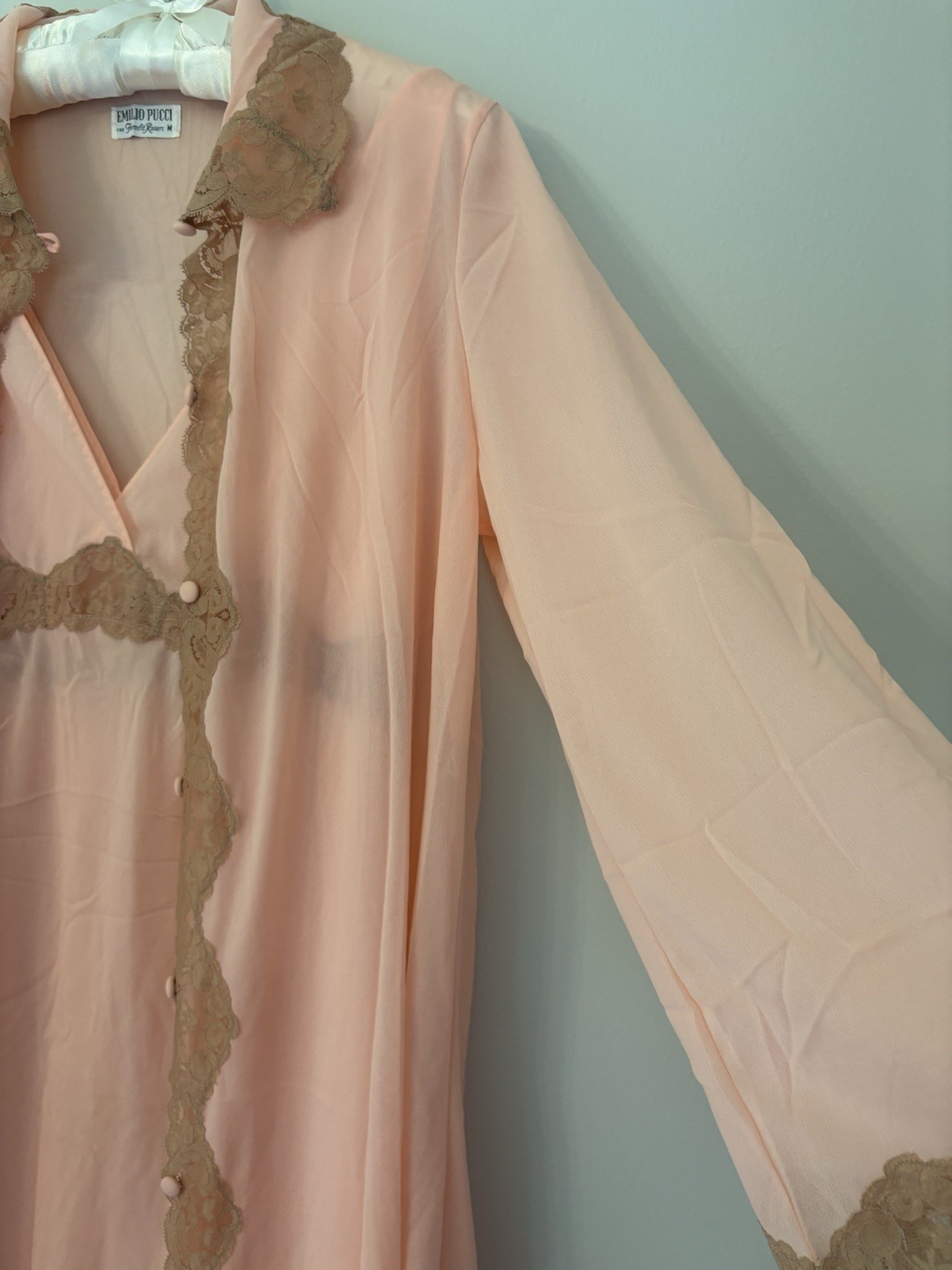Vtg Emilio Pucci Formfit Rogers Pink Lace Nightgown Robe M medium Peignoir EUC