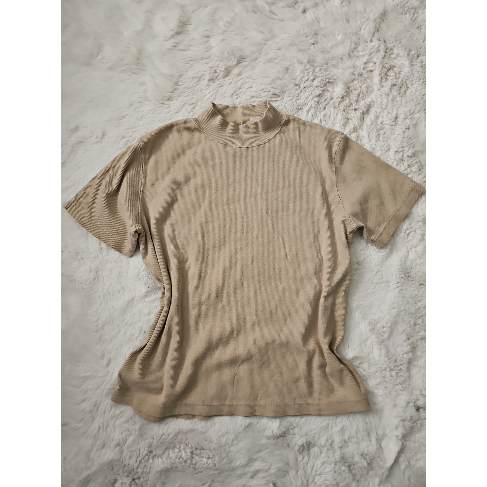 Vintage 90s Basic Editions Ribbed Mock Neck Short Sleeve Top L Tan