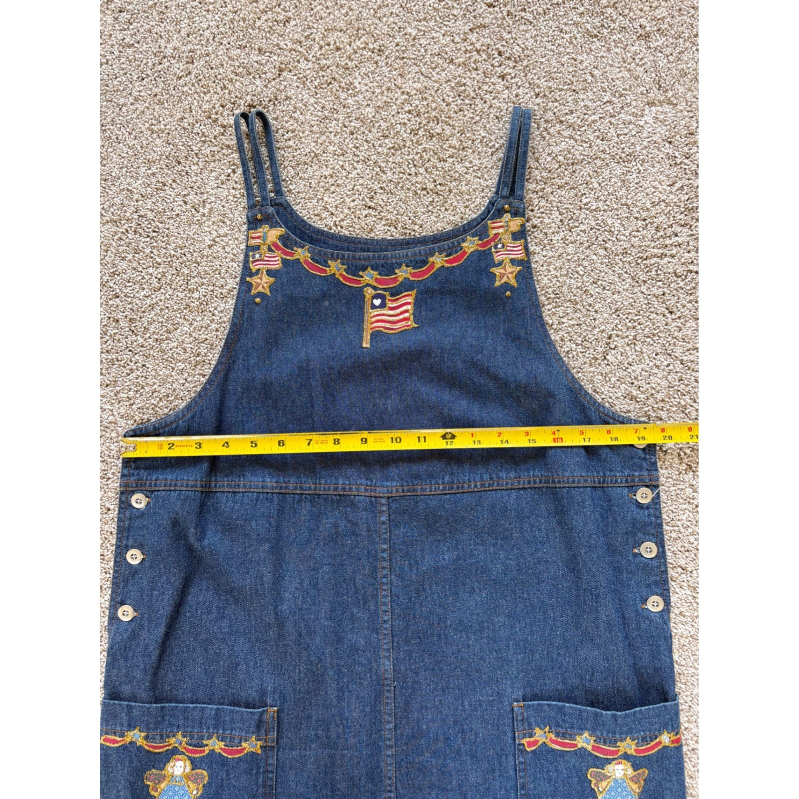 Vtg Basic Editions M Denim Jean Maxi Dress Blue Embroidered Flag Angel Patriotic