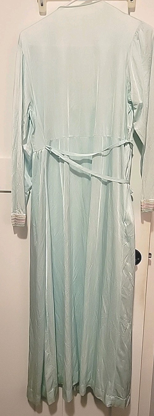 Vintage Spaghetti Strap Night Gown & Belted Robe Set Satin Pale Blue Pastel Trim
