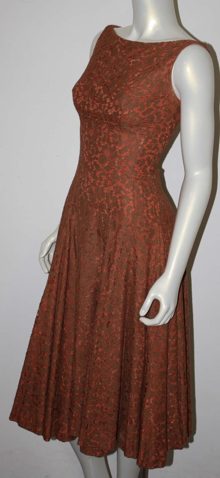 VINTAGE Orange Brown Lace Long Full Circle Dress XS S 0 2 4