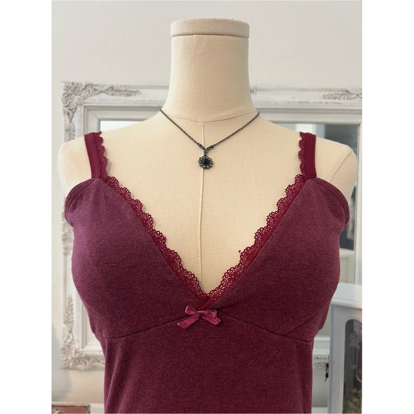 vintage burgundy lace trim babydoll cami tank top with bow detail #coquette