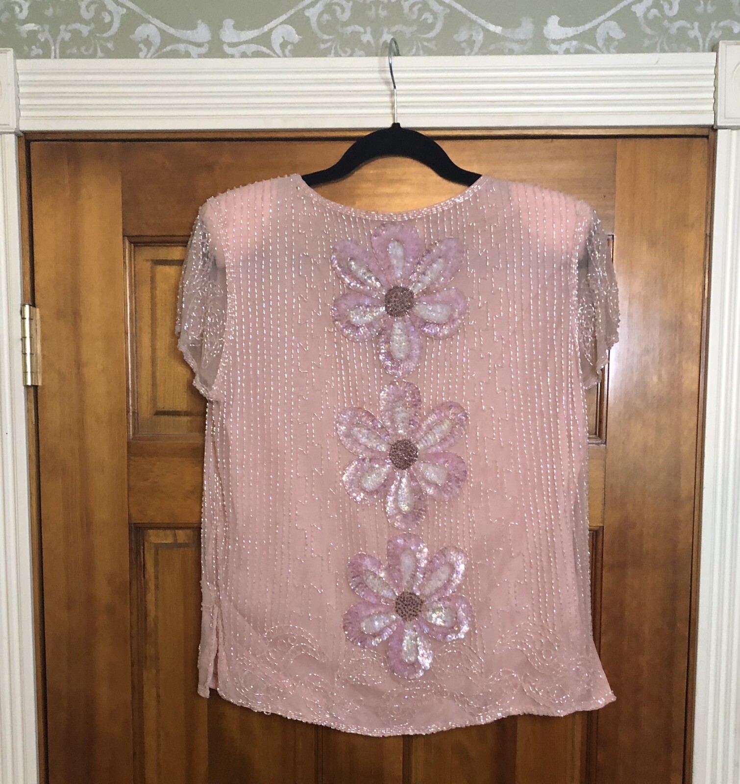 Vintage Beaded PINK Sequins Silk Women’s Shangri-La Hong Kong Shirt Blouse Top M