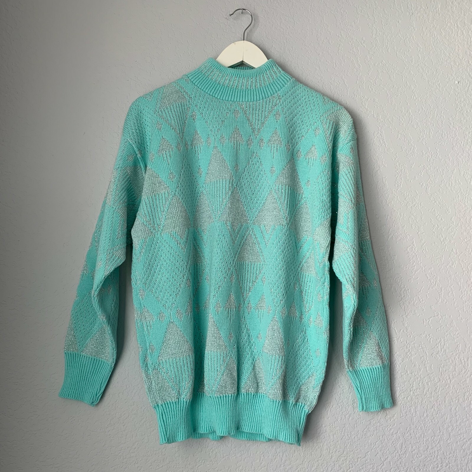 Women’s Vintage Nordic Sweater Light Blue Large Robins Egg Silver Turtleneck 80s
