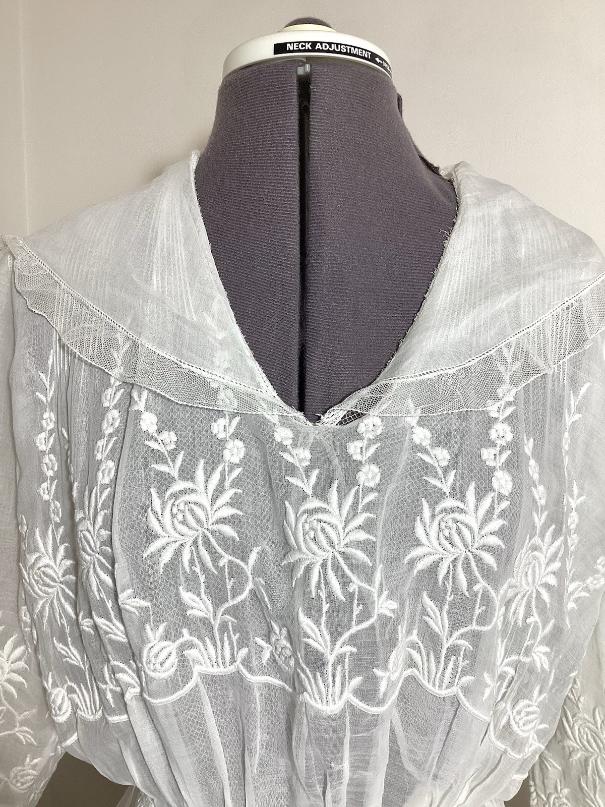 Edwardian 1910s Cotton Gauze Tea Gown Tiered Summer Dress Embroidery Mesh Ruffle