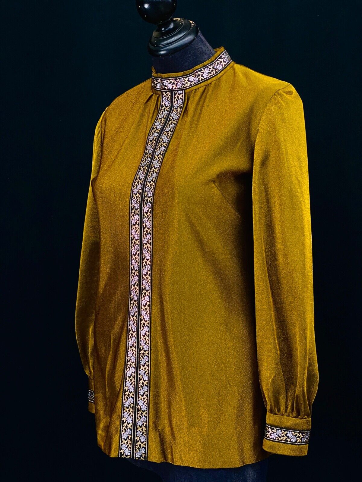 Vintage 1960s gold metallic tunic top shirt long sleeve high neck floral S M