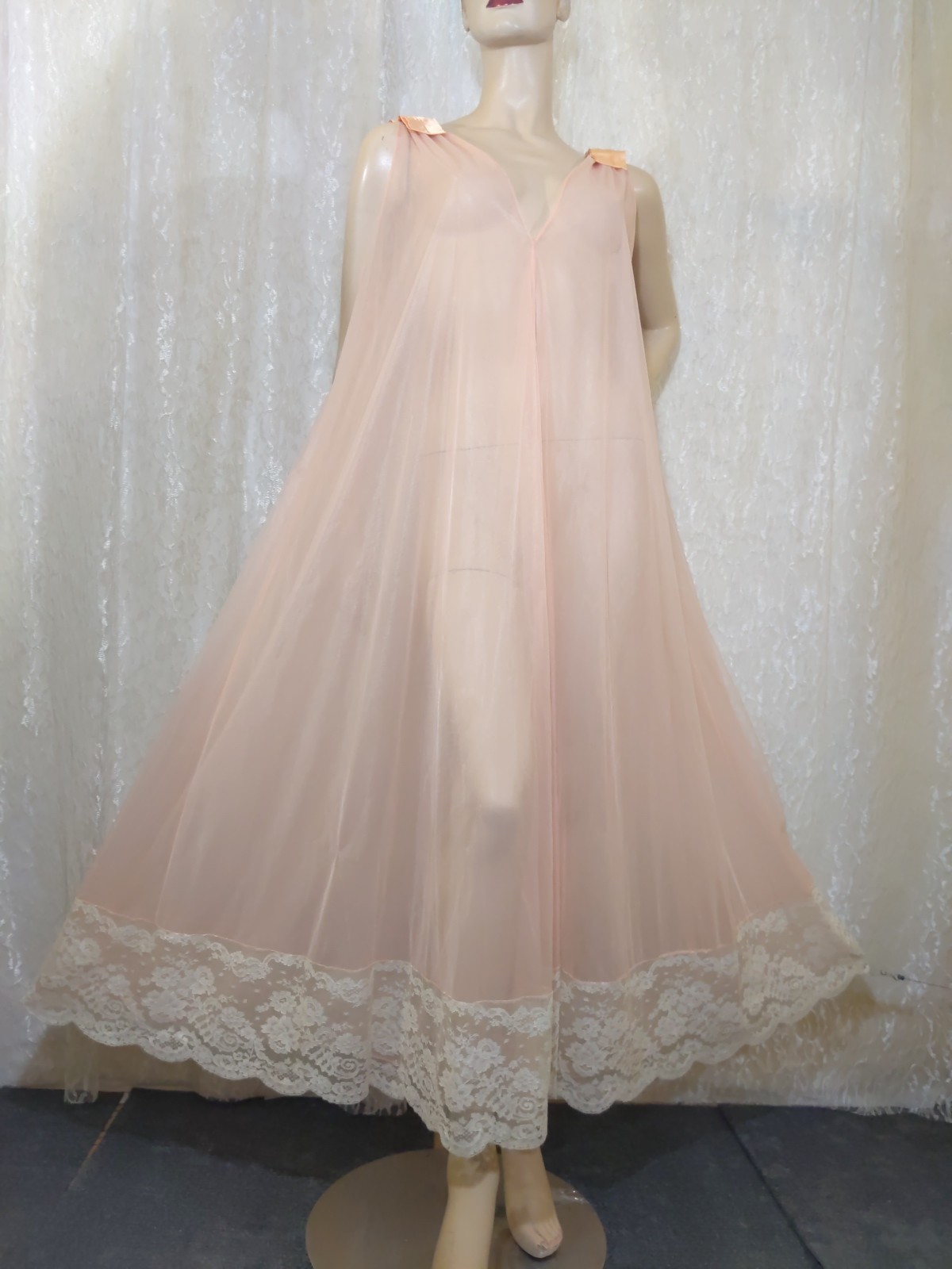Vintage Double Layer Shear Chiffon Satin Bow Luxurious Lace Peignoir Robe M L XL