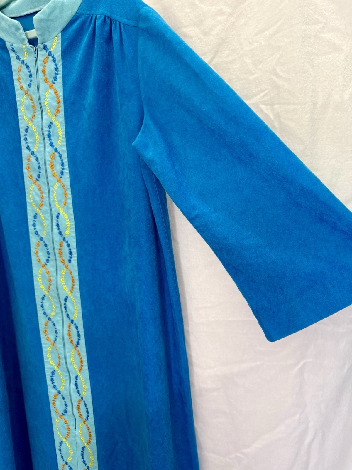 VTG 70s Blue Hostess Caftan Maxi Lounge Dress Boho Grandma Chic Glam