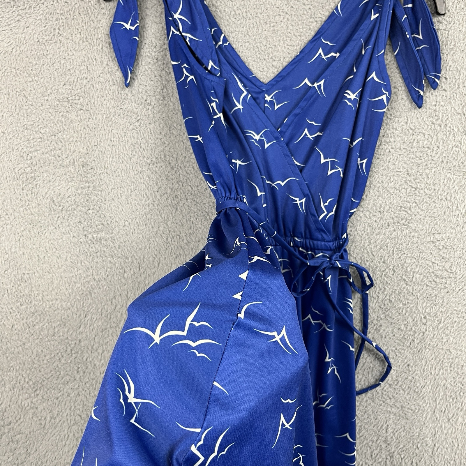 Vintage 70s Dress Womens Small Blue Seaside Seagulls All Over Print Tie Shoulder