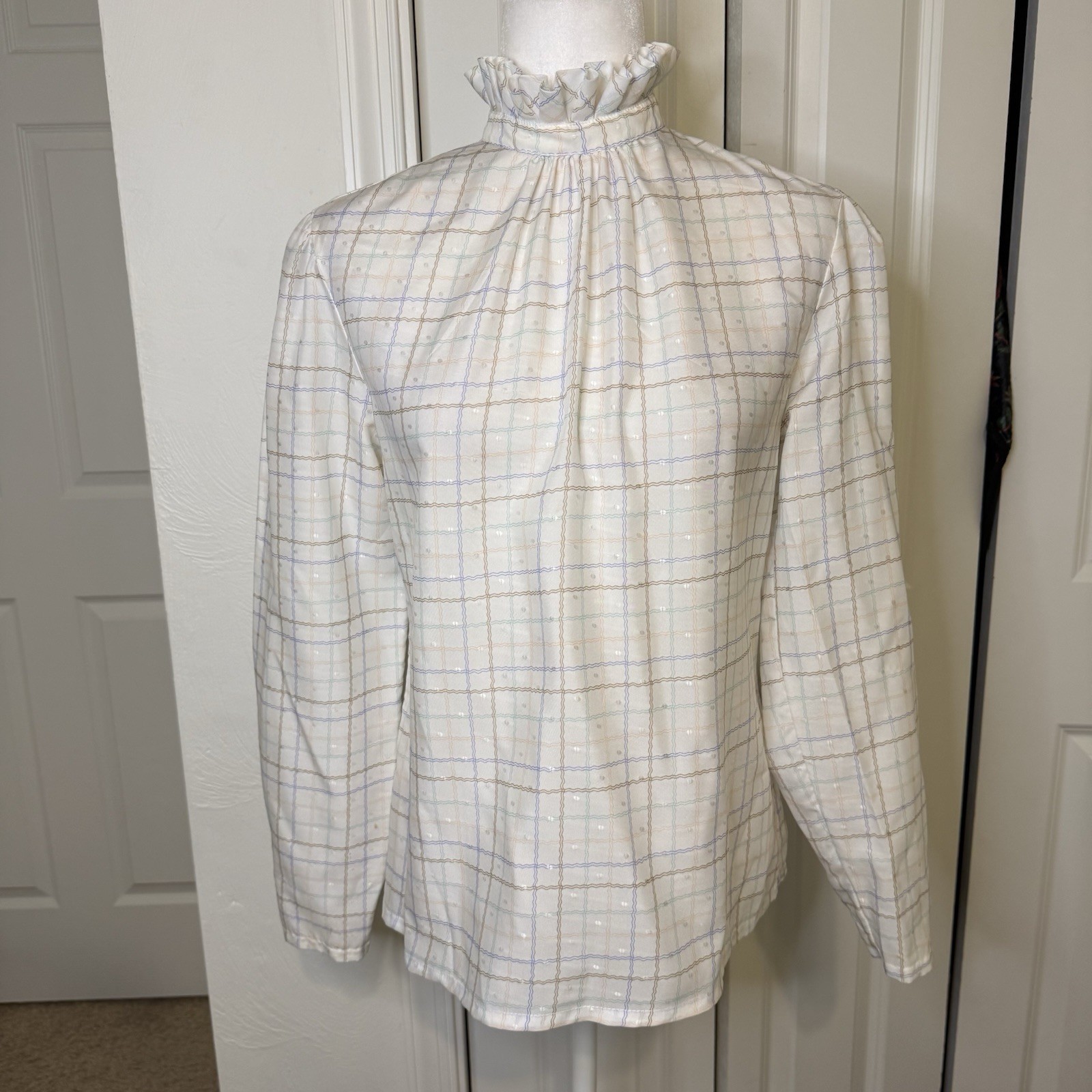 Vintage 80s Judy Bond Button Up White Blouse High Collar Ruffle Front Size 8