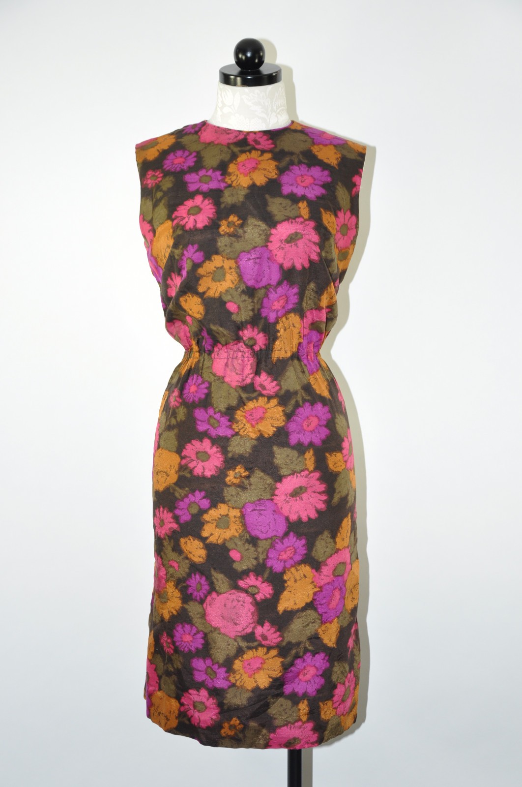 60s Vintage Purple Autumn Mums Floral Sleeveless Sheath Wiggle Dress Women S M