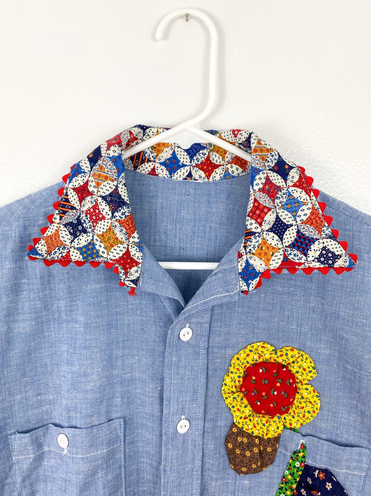 VTG 70s Chambray Patchwork Shirt Calico Flower Strawberry Applique RickRack L