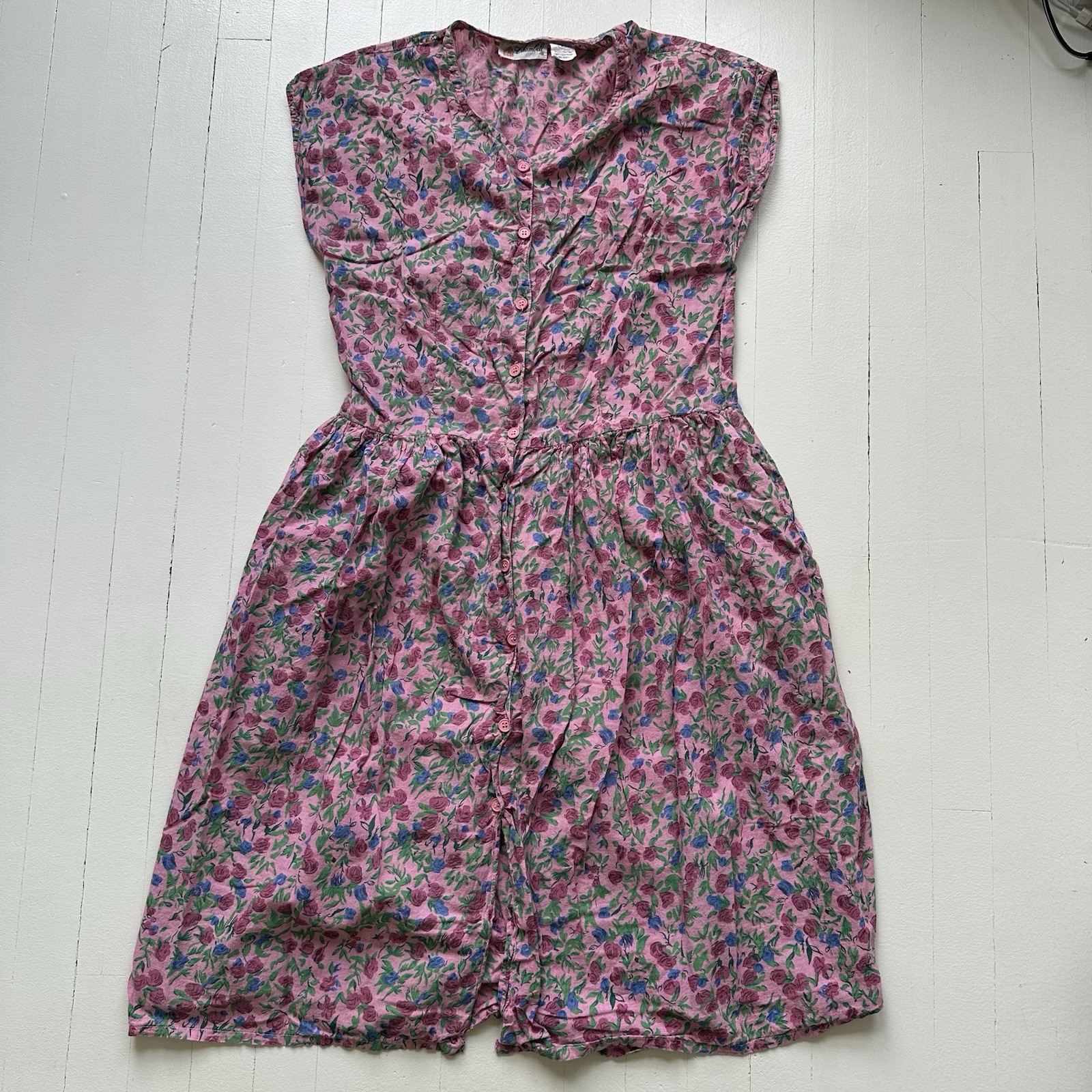 Vintage Chambeli Dress Size M Cotton Sleeveless W/ Pockets Hippie Boho Flowers