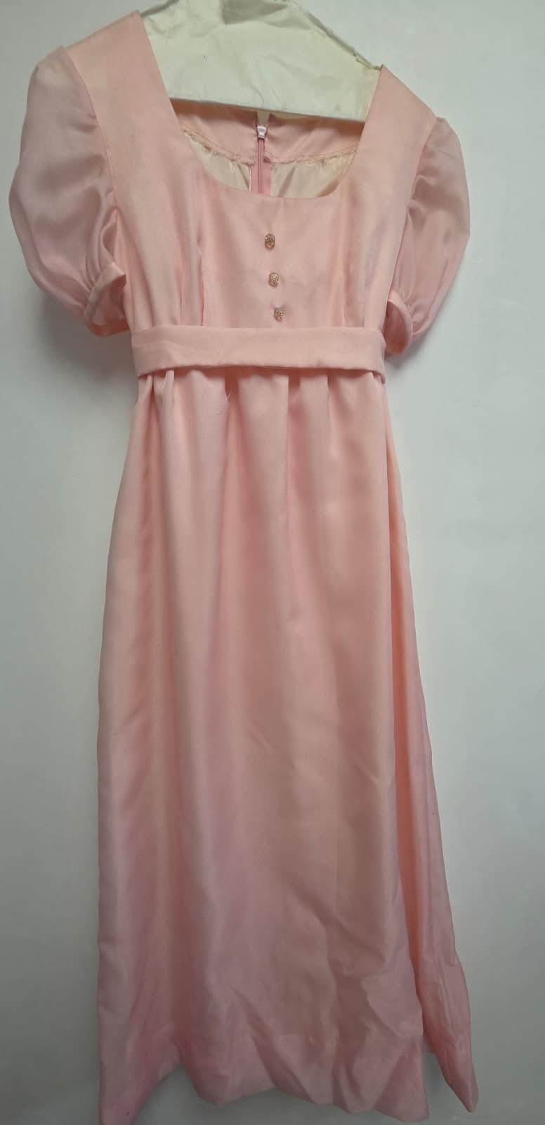: Vintage 1960s 1970s Pink Empire Waist Prom Dress Puff Sleeve Rhinestone Button