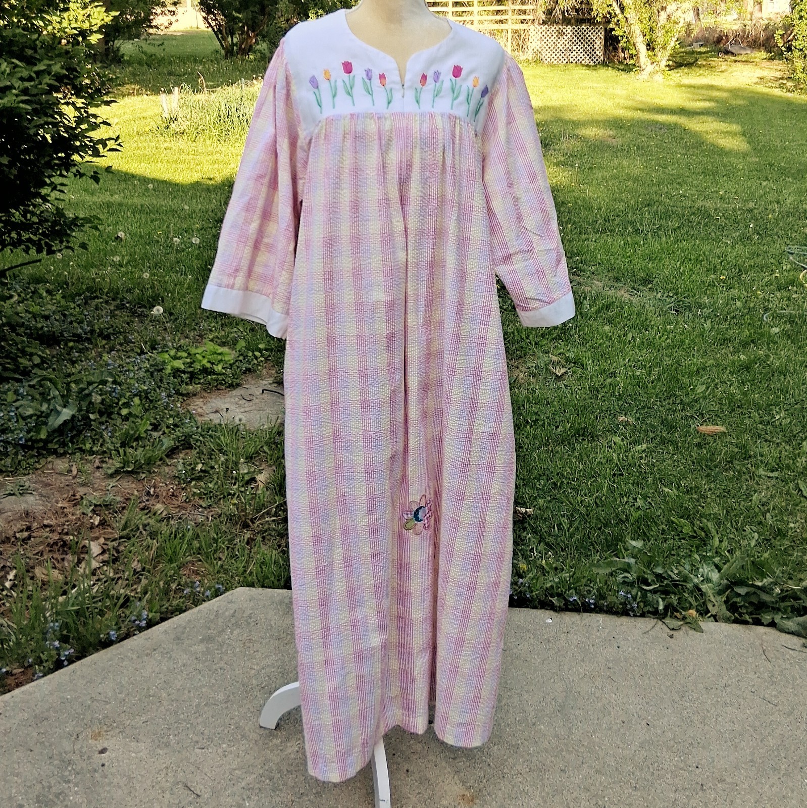 Vintage Signature II Stan Herman Peachy- Pink Seersucker Long Nightgown Gown L