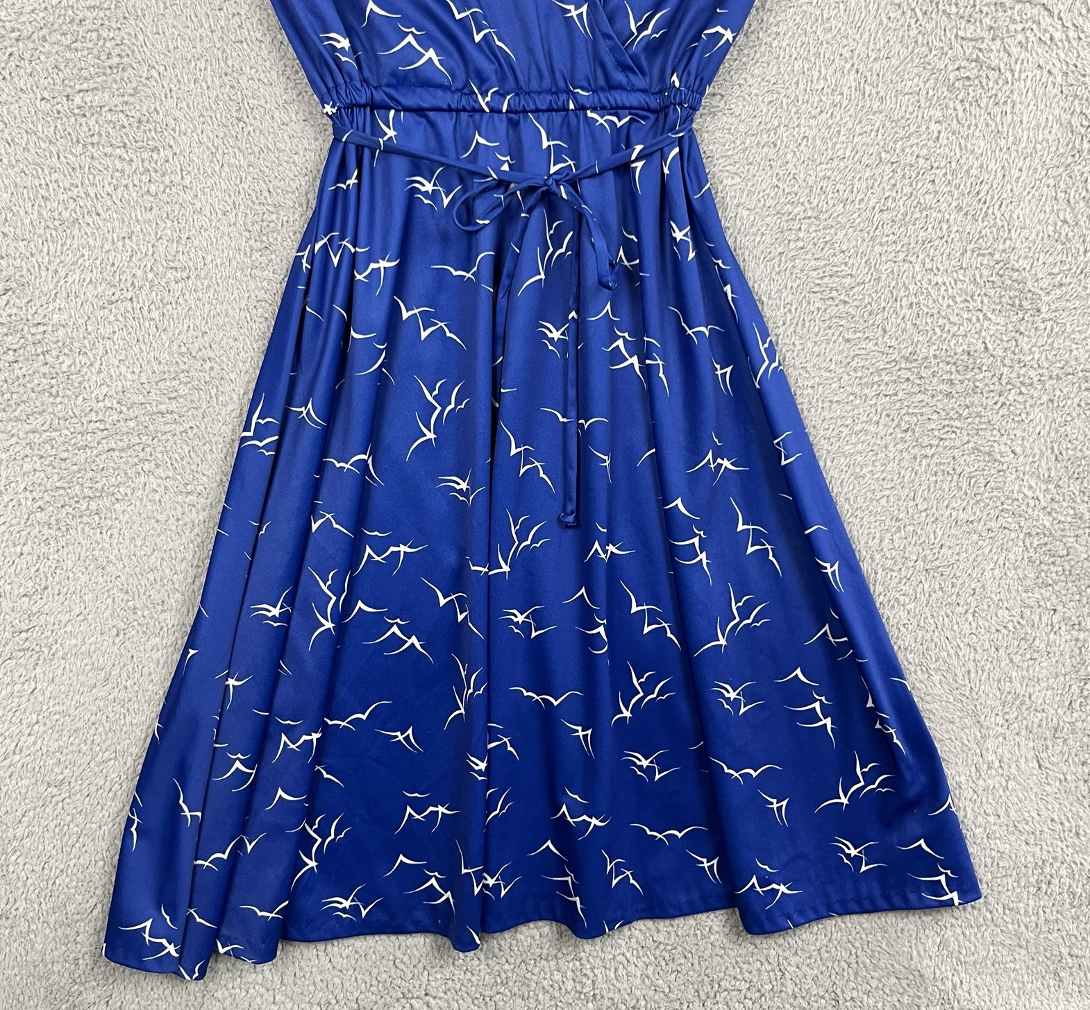 Vintage 70s Dress Womens Small Blue Seaside Seagulls All Over Print Tie Shoulder