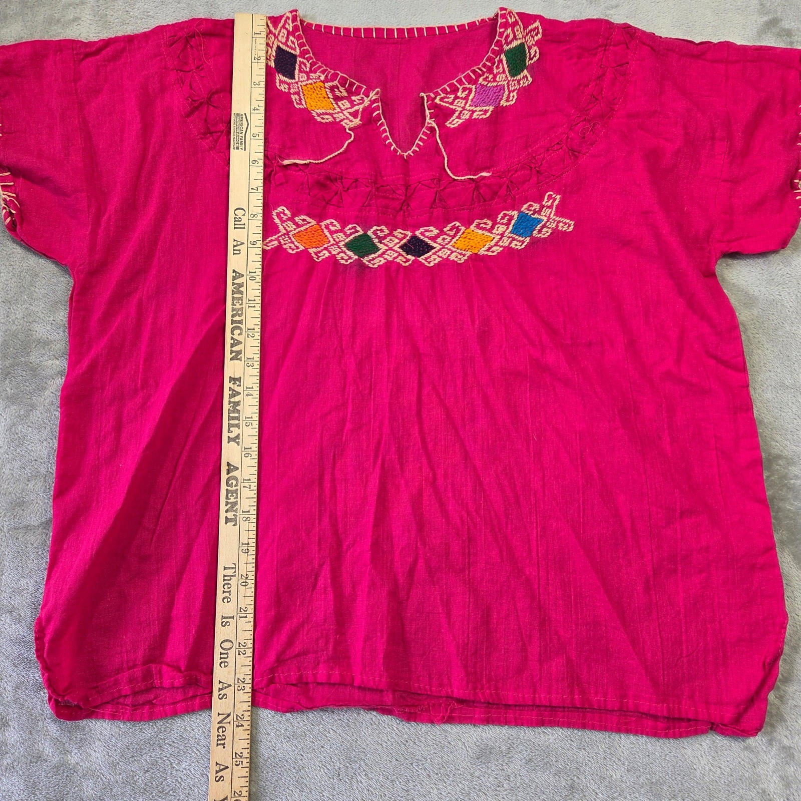 Vintage Mexican Peasant Blouse Hot Pink Hand Embroidered Huipil Boho Top Large