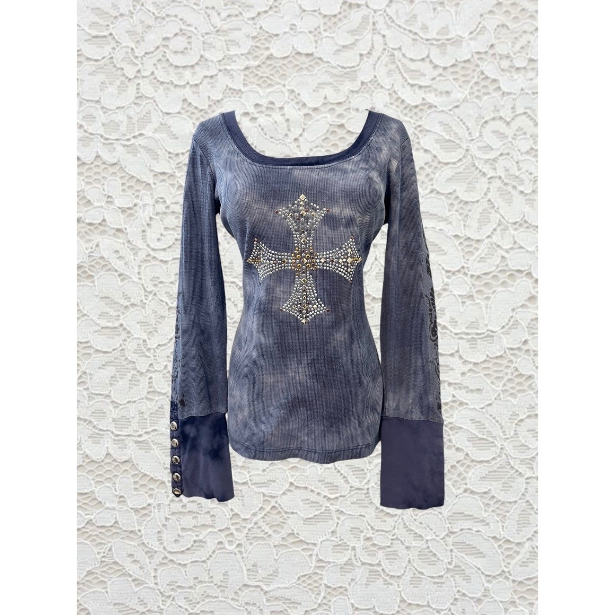 vintage cyber y2k blue tie dye cross studded long sleeve top