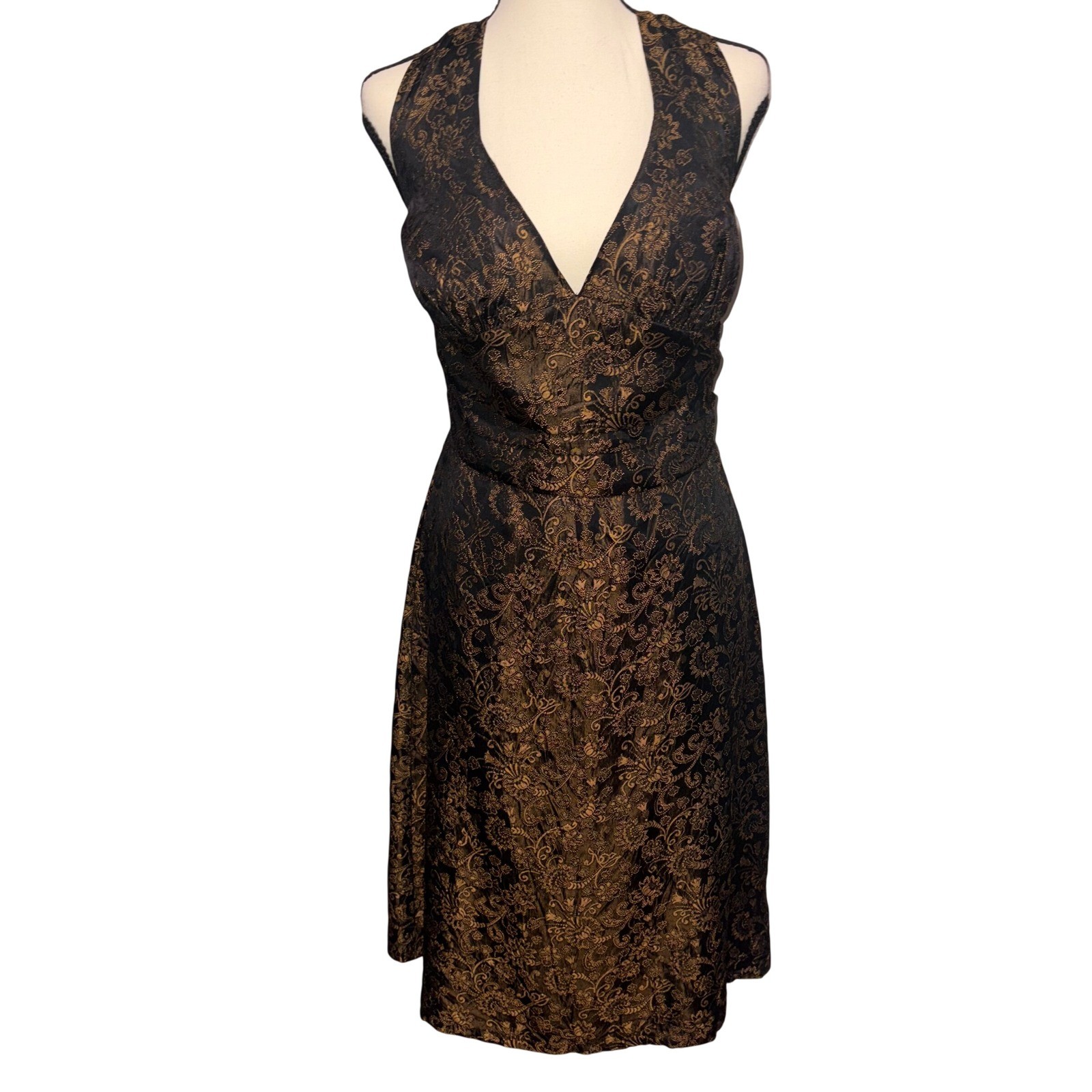 Vintage Y2K Brocade Floral Halter Dress Cocktail Women 8 Black Gold Molly NY