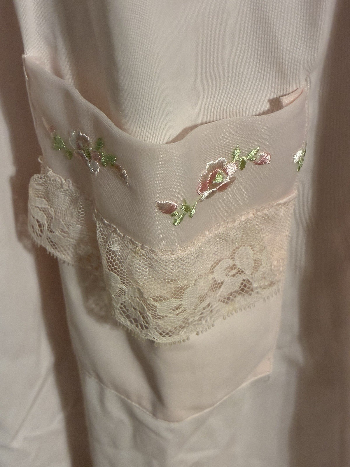 Vintage Shadowline Petites Pink Nylon Lace Button Front Nightgown Pocket