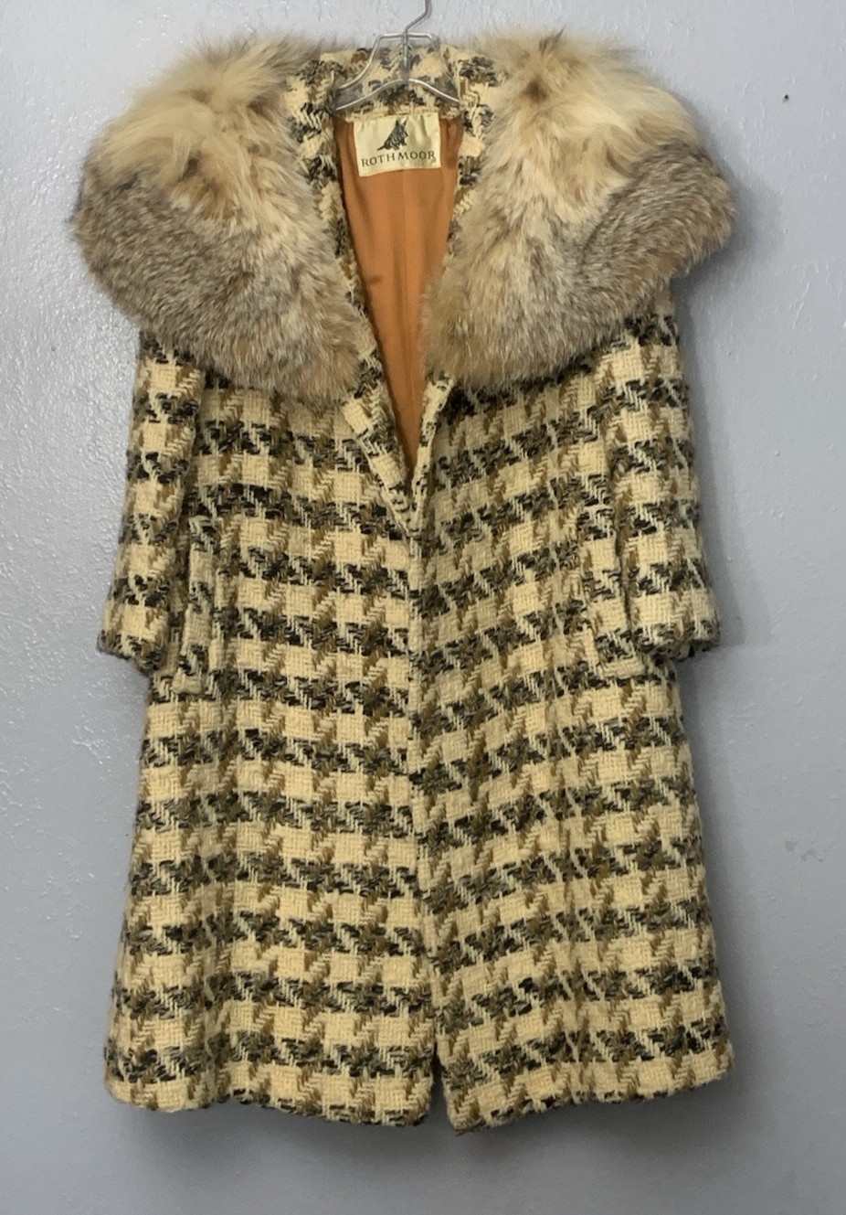 Vtg 70s Rothmoor Tapestry Tweed Wool Coat Fur Collar Ivory Classic Retro No Tag