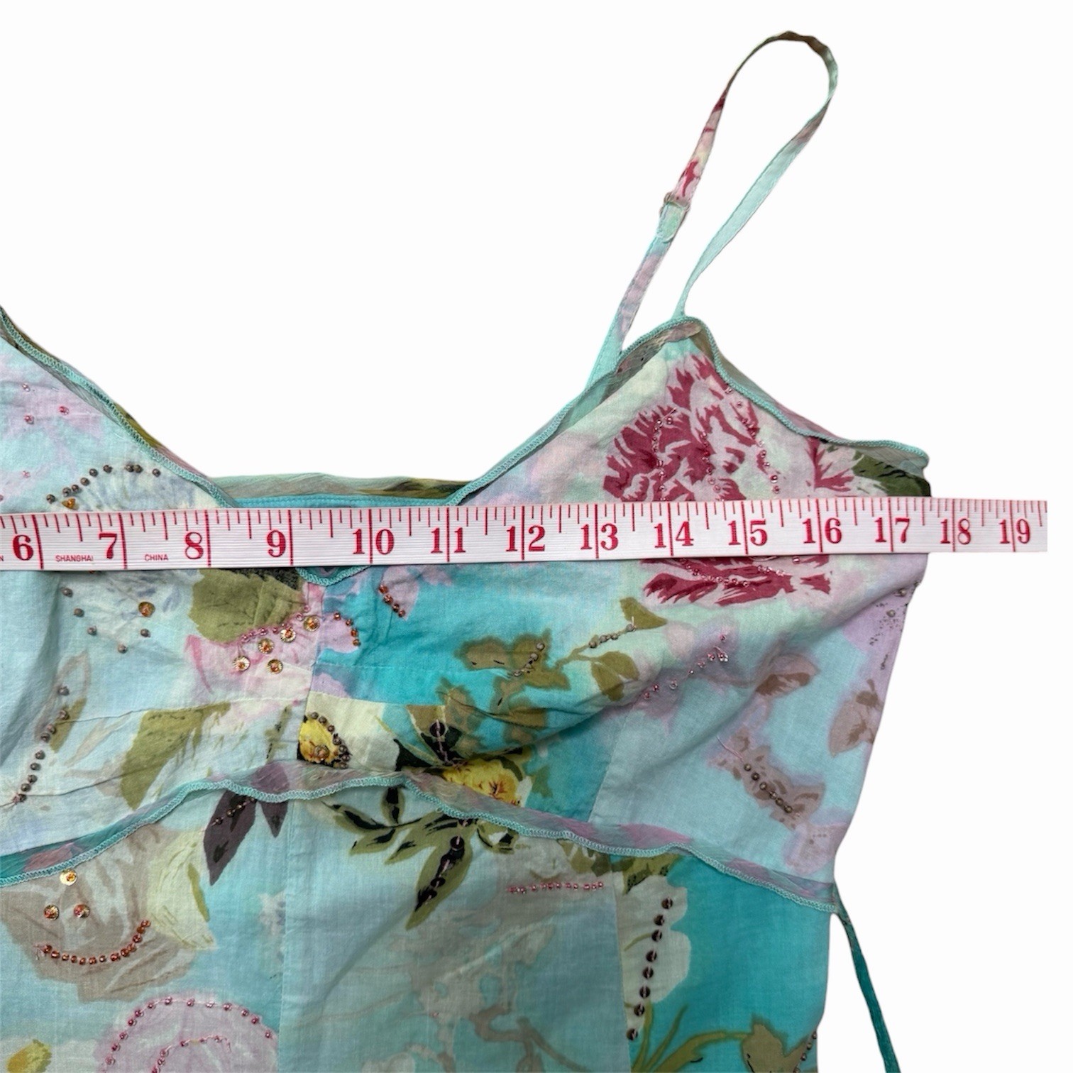 Vintage René Derhy Floral Aqua Fairy Dress Beaded Embellished Cottagecore Y2K