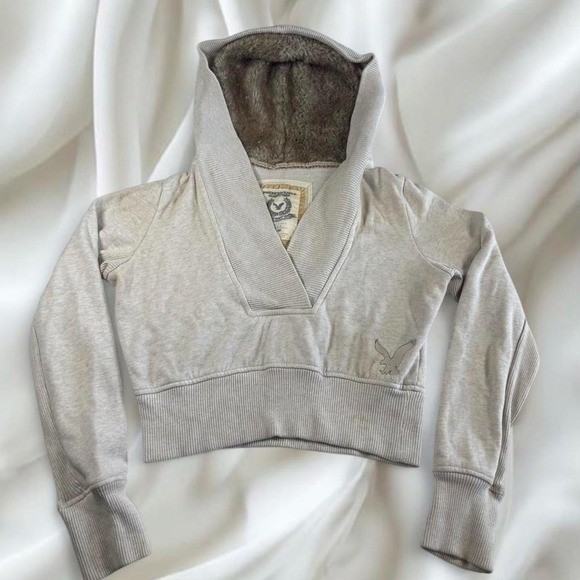 American Eagle gray graphic cropped fur lined hooded jacket y2k vintage mcbling