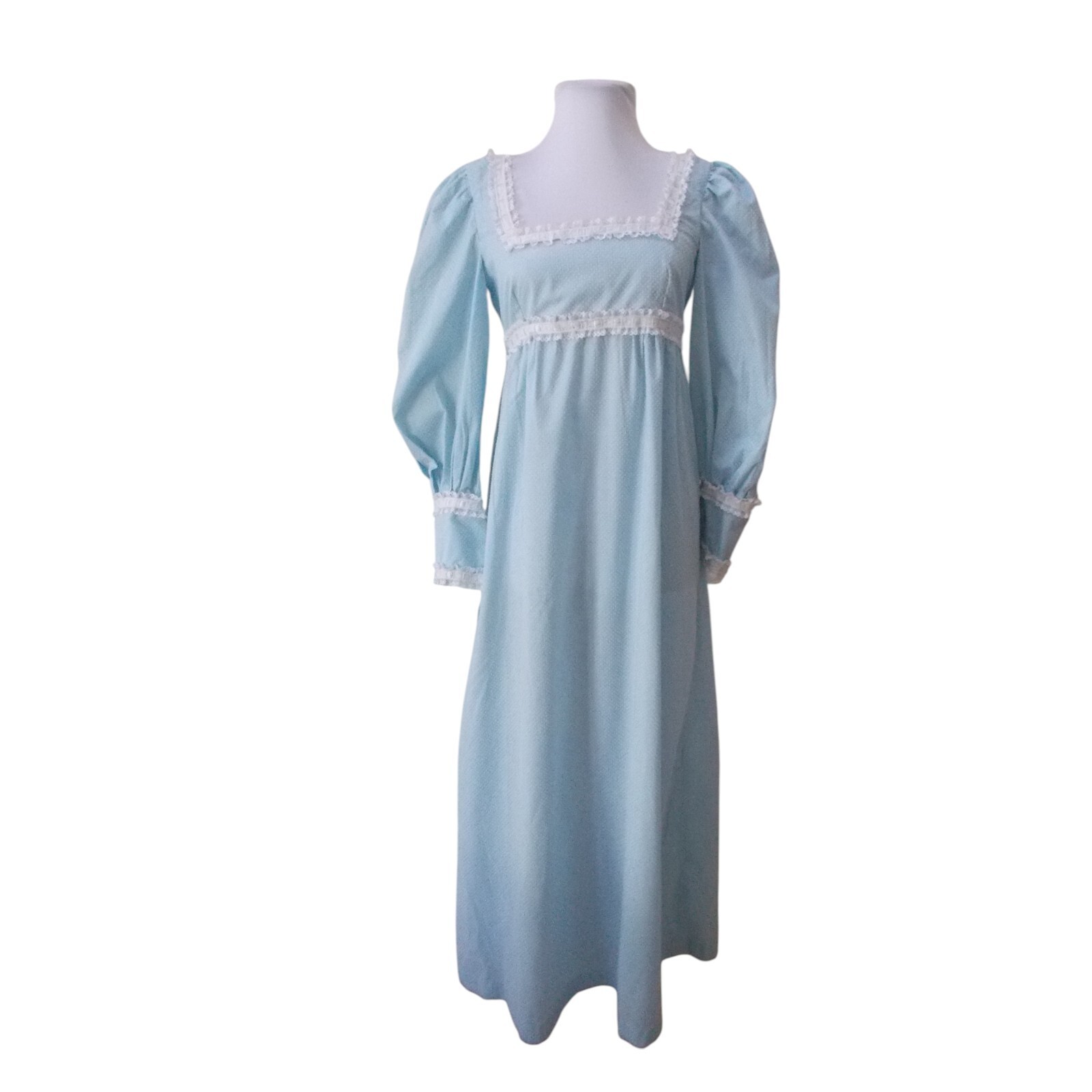 VTG Powder Blue Dotted Swiss Lace Trim Square Neck Maxi Prairie Dress Bust 30&Prime;