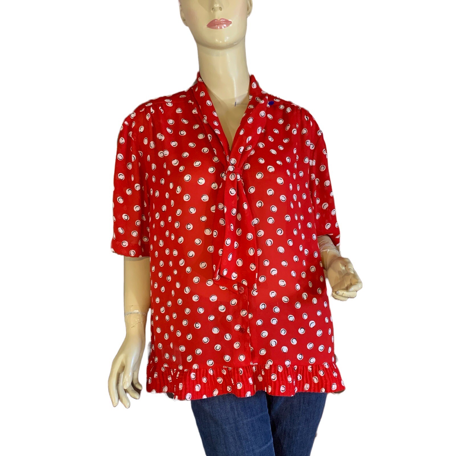 VINTAGE CIRCA 1980&rsquo;S ALFRED DUNNER RED & WHITE DOT PATTERN BLOUSE SZ 18