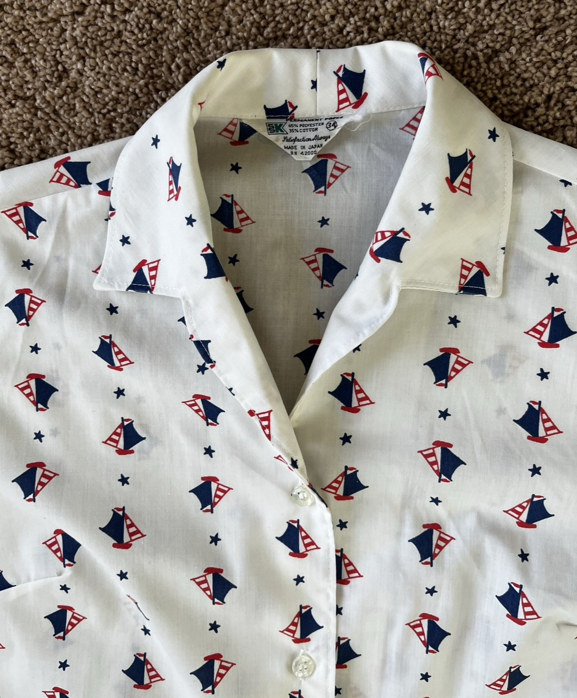 VTG KMART/KRESGES Sleeveless ButtonUp Sailboat Blouse-Sz 34 (See Description)