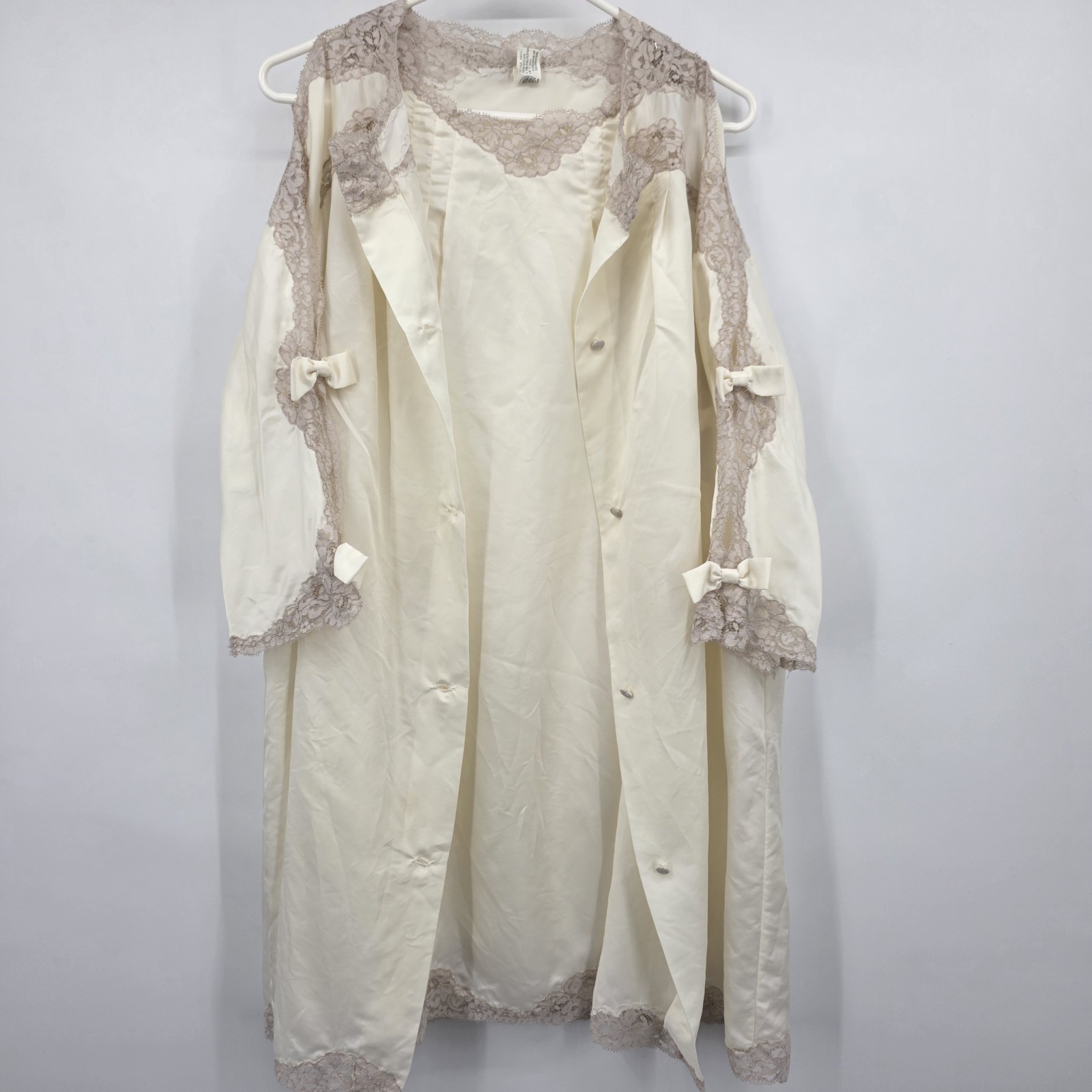 Vintage 1970s Eyeful by Flaums Peignoir Set Ivory Lace Silk Blend Union Made