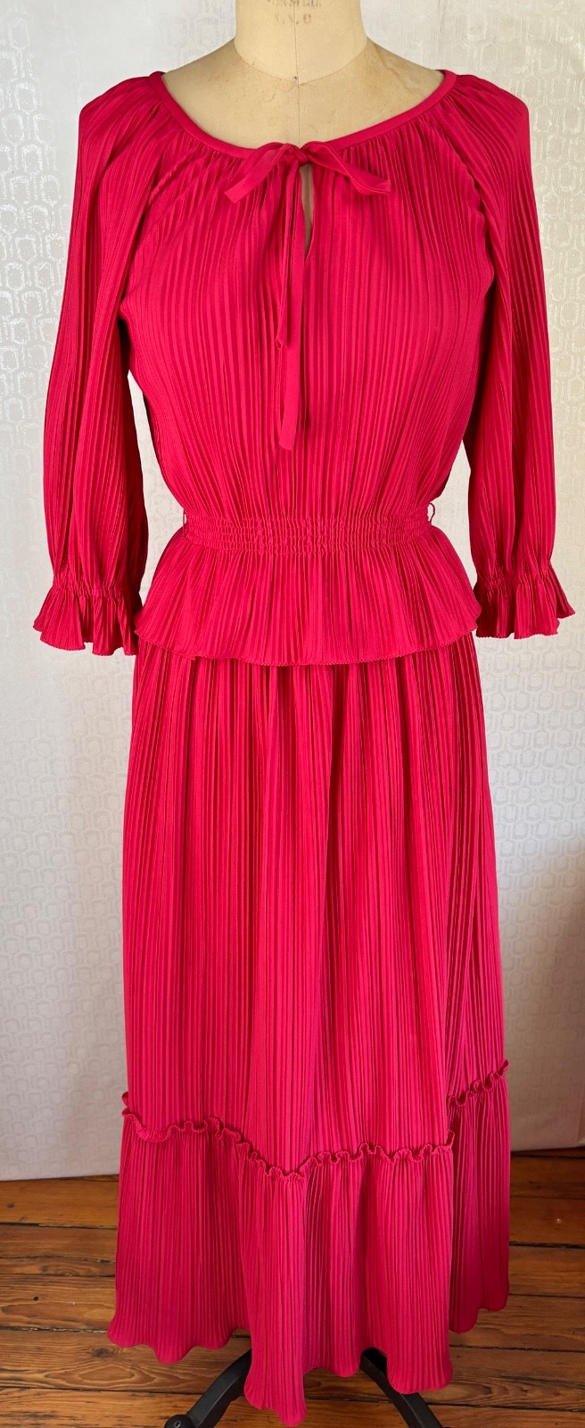 VTG 70&rsquo;S DISCO MATTI OF LYNNE CRANBERRY RED ACCORDION PLEAT MAXI SKIRT&TOP SET*S