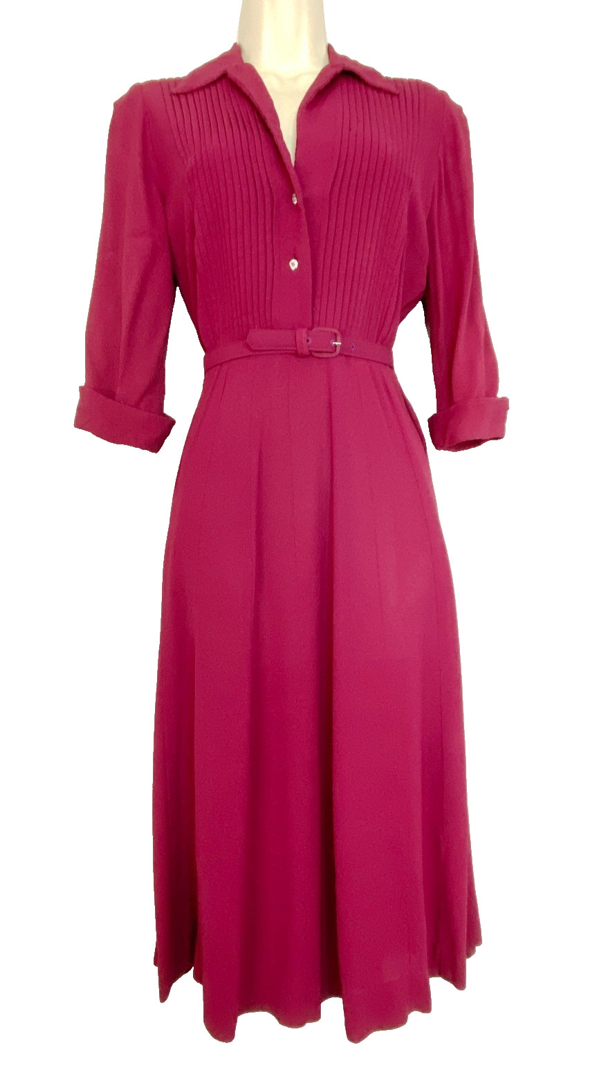 Vintage 1940s burgundy midi shirt dress M pink red 3/4 sleeve rayon collar