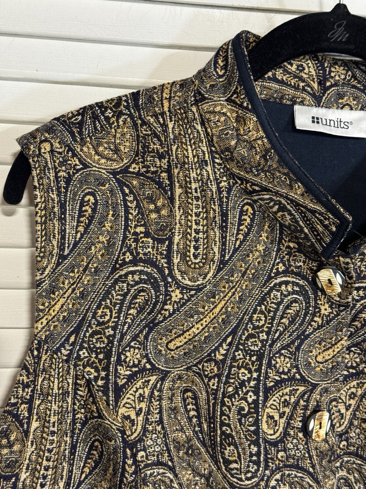 Tapestry Button Front Vest UNITS Women Size XL Blue Gold Paisley Lined Vintage