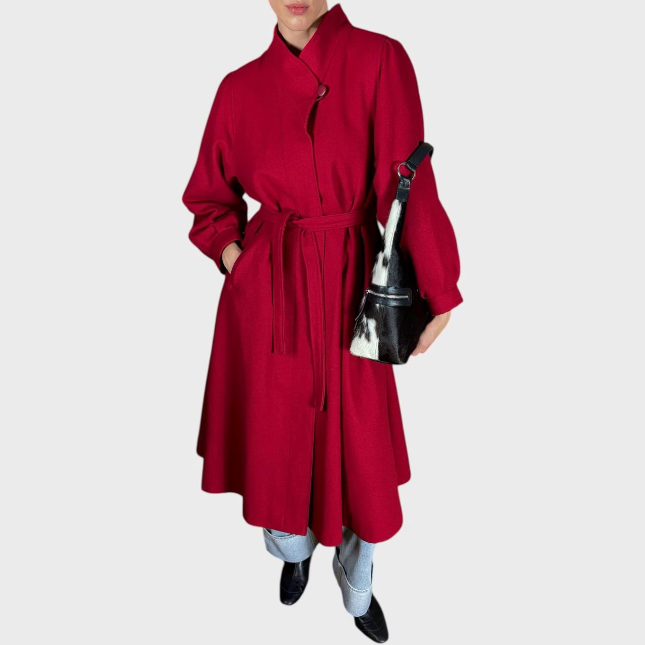 Vintage Red Wool Coat Belted Waist Elegant Longline Overcoat size US10; EU40