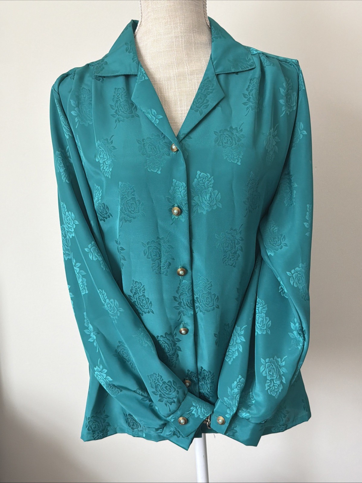 Vintage BonWorth Teal Floral Jacquard Blouse | 90s Made in USA | Women’s M