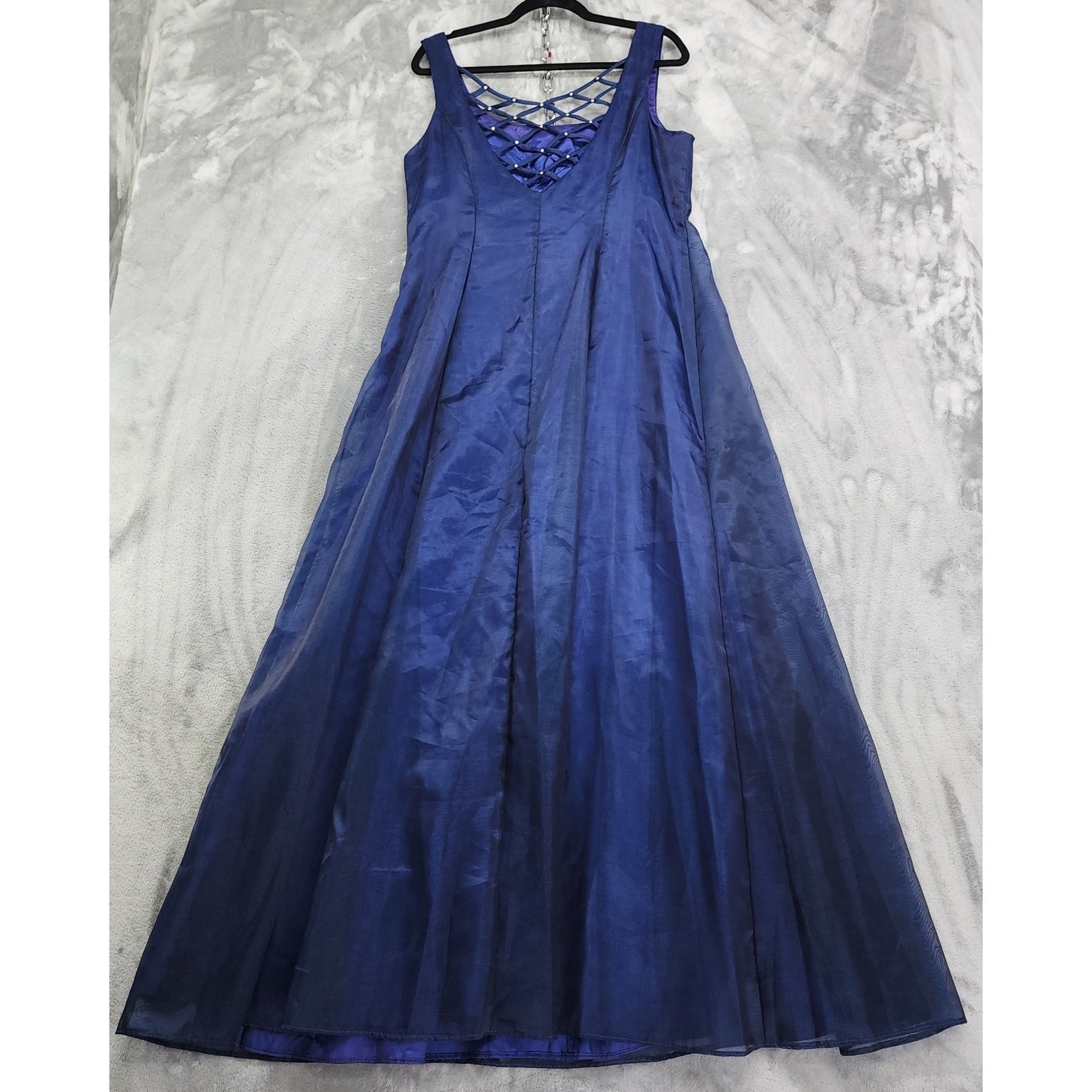 Vintage NIKI by Niki Livas Dress Size 14 Blue Gown Open Back Rhinestones Formal
