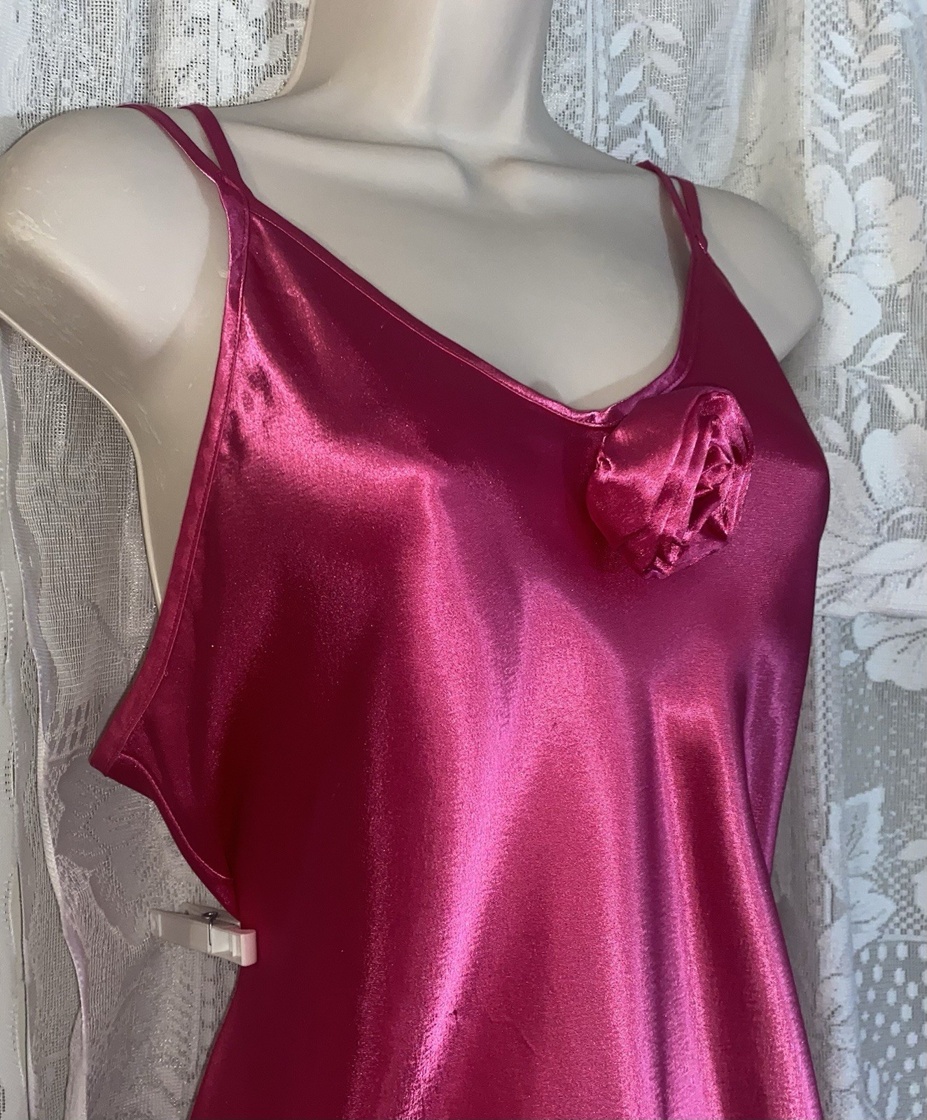VTG SEXY M L Raspberry DEIDRE Satin Nightgown Negligee Gown w ROSETTE Hong Kong